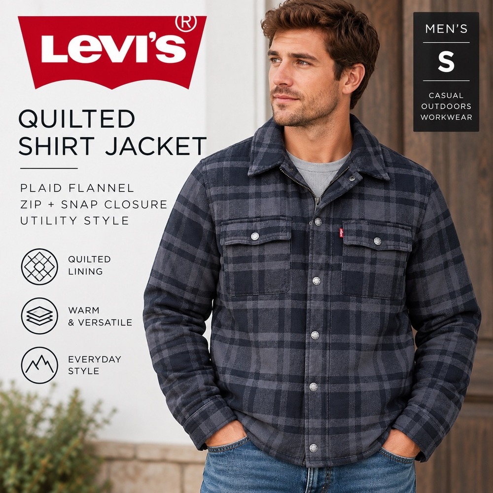Levi's Quilted Shirt Jacket Mens Small Gray Plaid Shacket Flannel Coat Utility